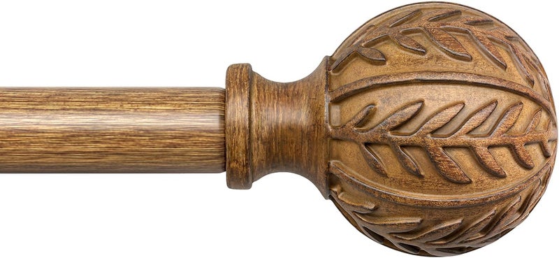 QDWIS Wood Curtain Rods for Windows 72 to 144 Inch, 1'' Adjustable Decorative Drapery Rods with Imitation Wood Grain Leaf Pattern Finials, Boho Heavy Duty Long Window Curtain Rods Set 36''-150'' - Image 1